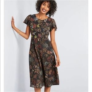 Modcloth Beaded Embellished Sequin Black Floral Midi Dress Size Medium A Line